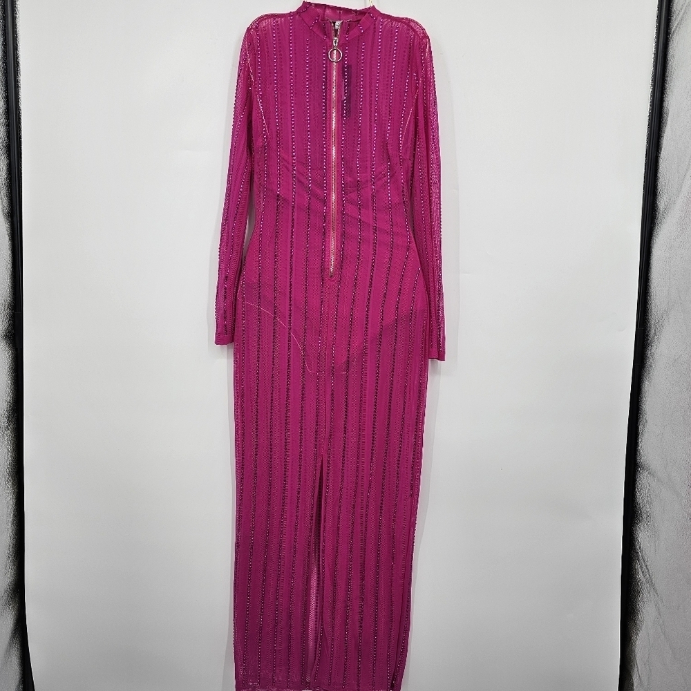 Fashion Nova Hot Pink Rhinestone Bodycon‎ Midi Dress Size S NWT - Picture 2 of 7